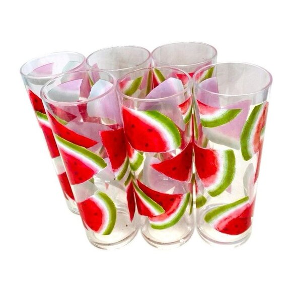 Retro Summer Watermelon Slice 8" Highball Collins Glass Set of 6 Fruit Cocktail - Picture 7 of 7